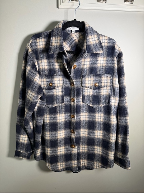 Chic Soul Tops - Chic Soul Plaid Button Up Shacket Navy Cream 1XL